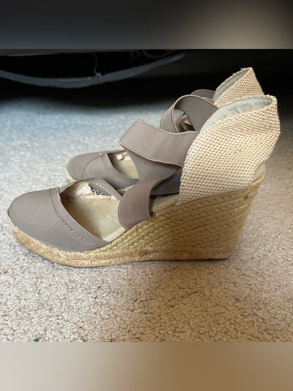 Adrienne Vittadini Taupe Espadrille Wedge Sandals with Elastic Crossover Straps
